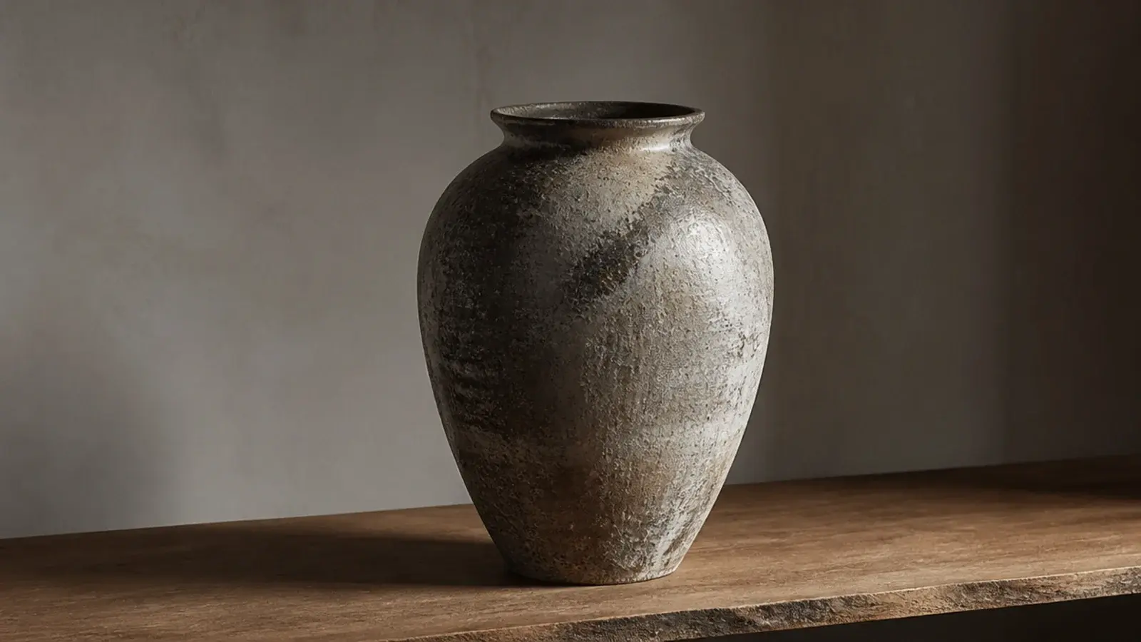 single large ceramic vessel standing alone on a simple media shelf