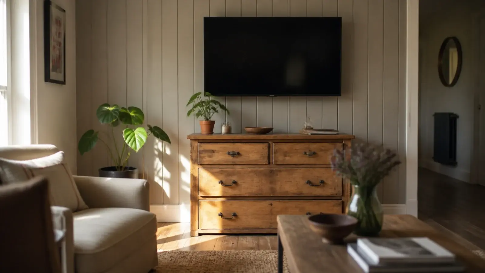 budget living room tv wall built from ripped mdf battens and paint