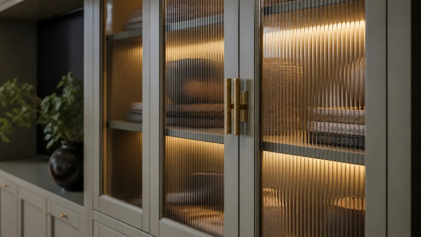reeded glass doors blurring shelved objects beside a media niche