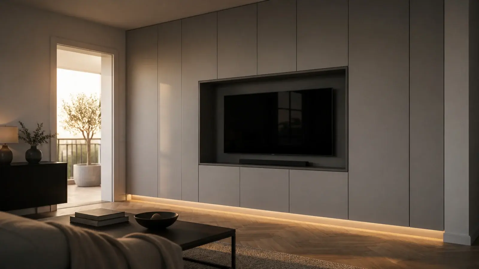 modern tv wall units in sprayed grey with a lit floating base