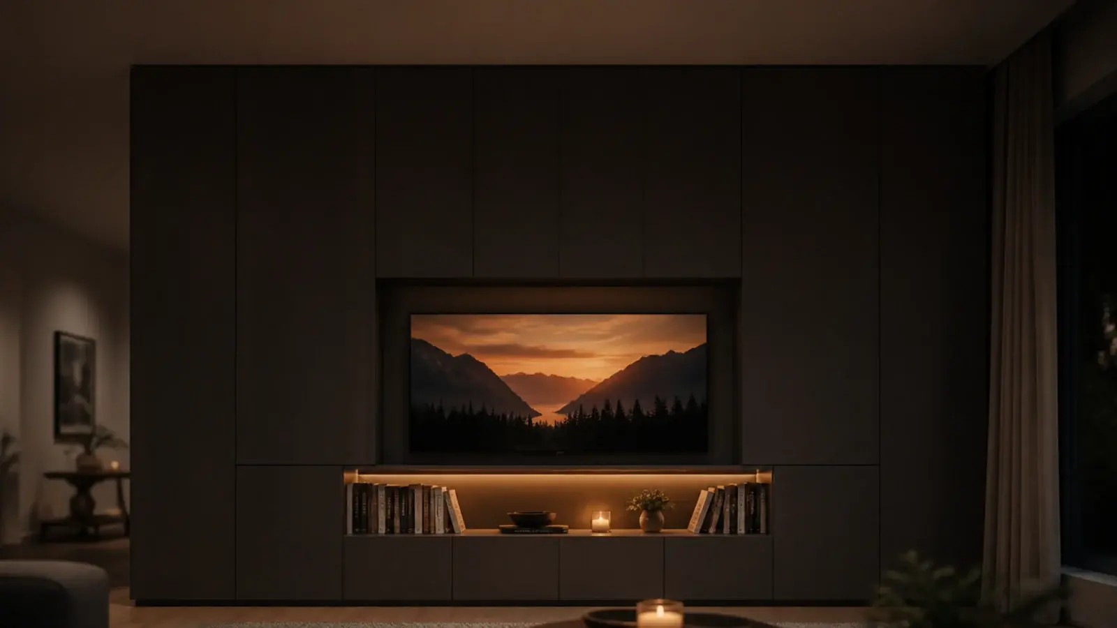 tall view of modern tv wall units with niche shelves and warm lighting