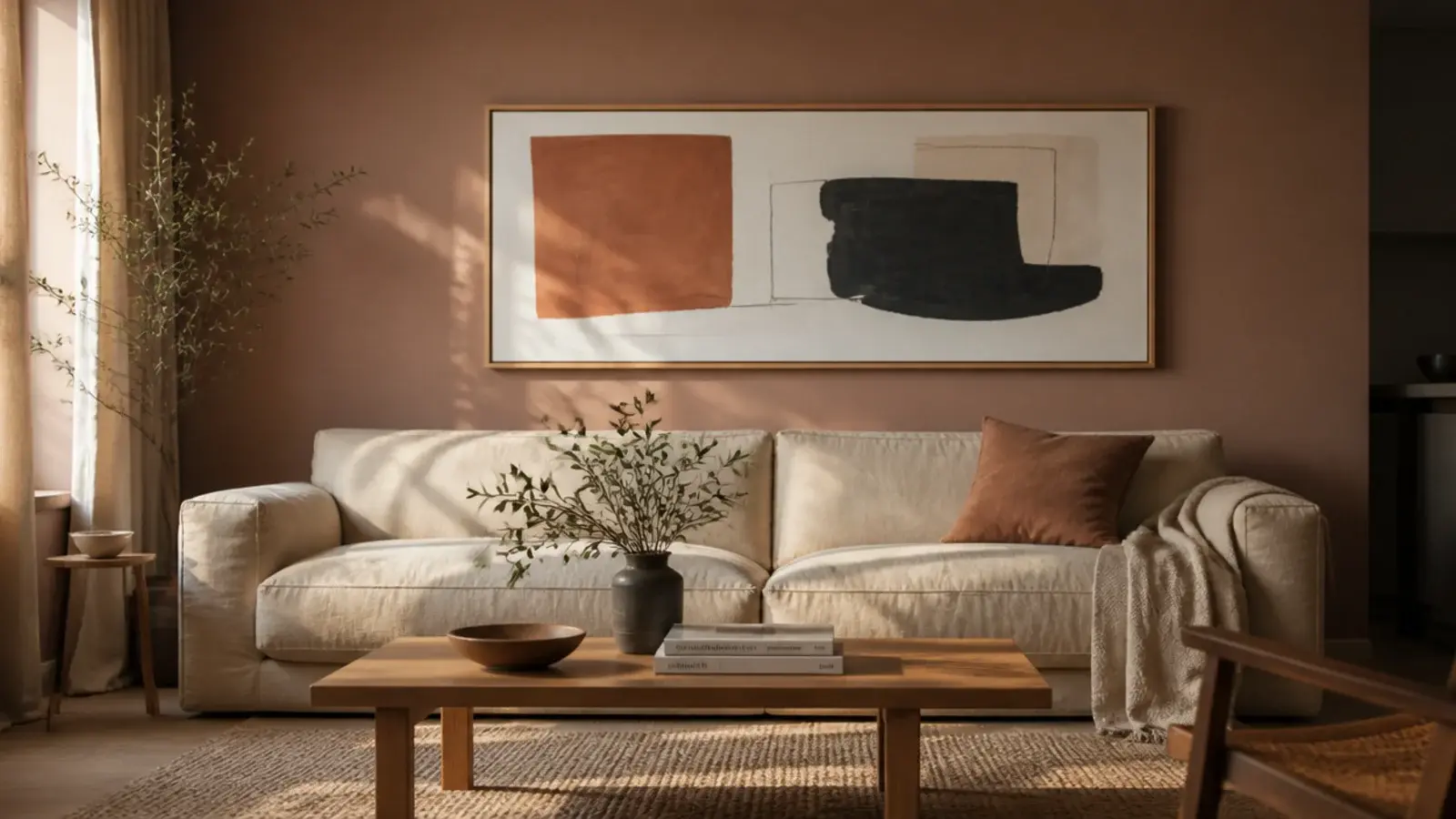 sofa back wall design with a wide framed print above a linen sofa