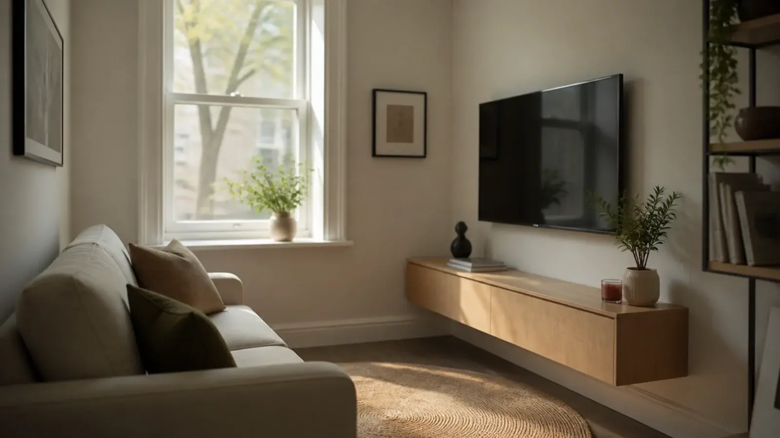 compact tv wall in a small living room with a floating cabinet beneath