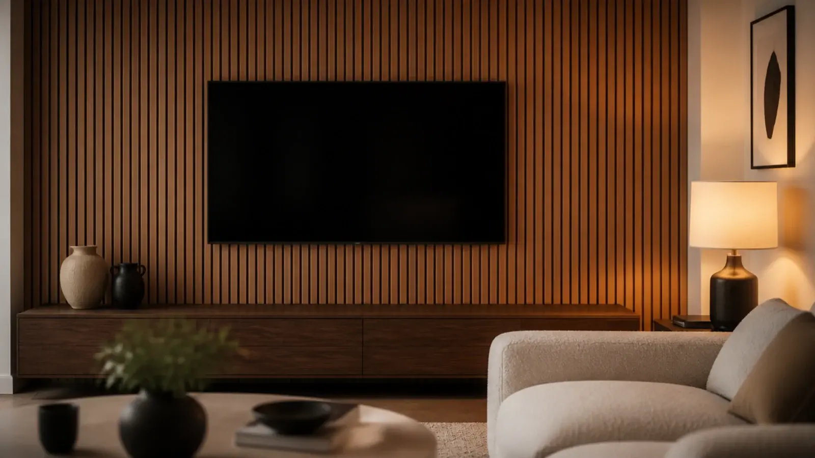 panelled tv wall decor in warm oak with a mounted screen and low console