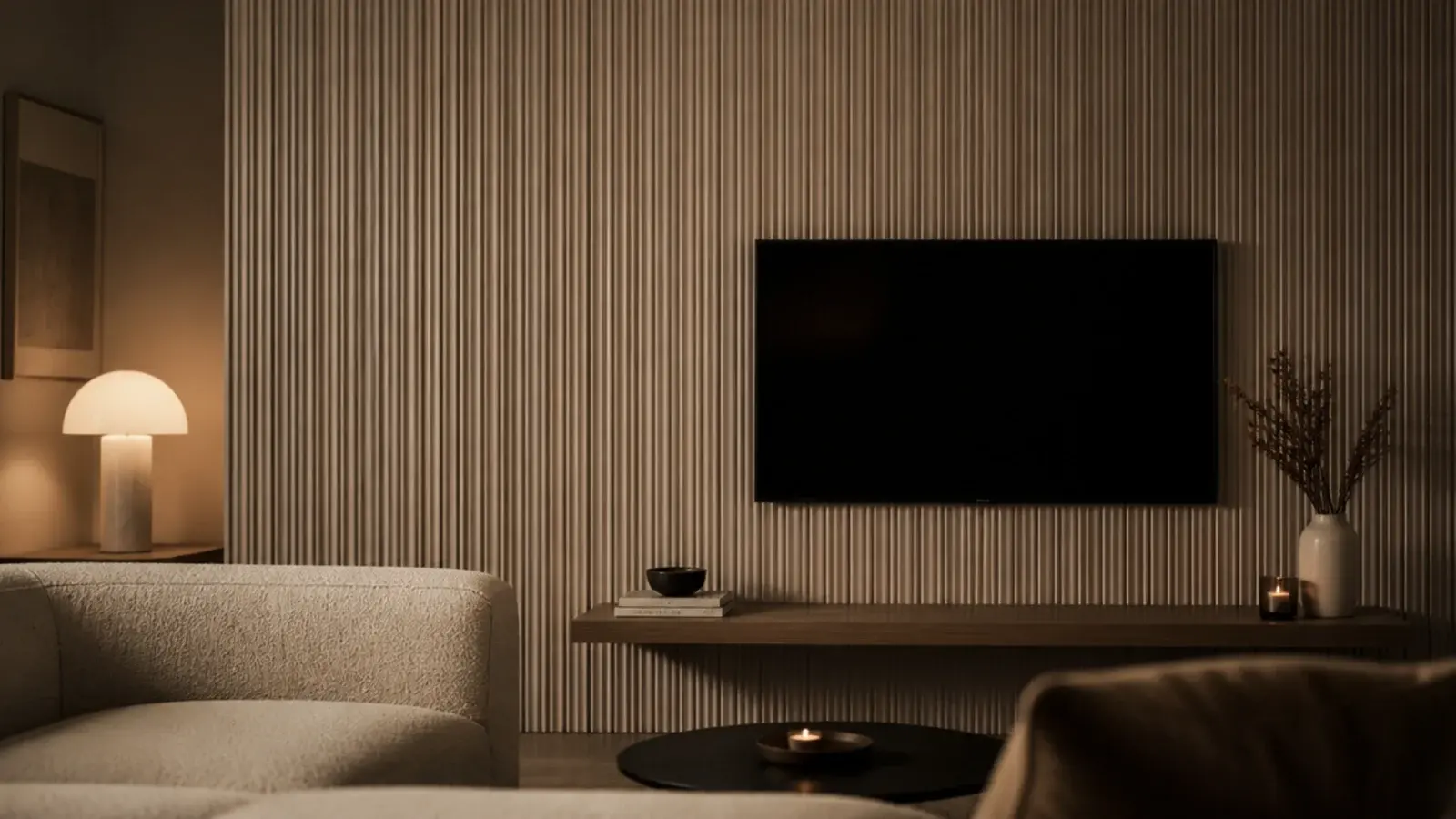 fluted panel tv wall design in soft clay with a slim mounted screen