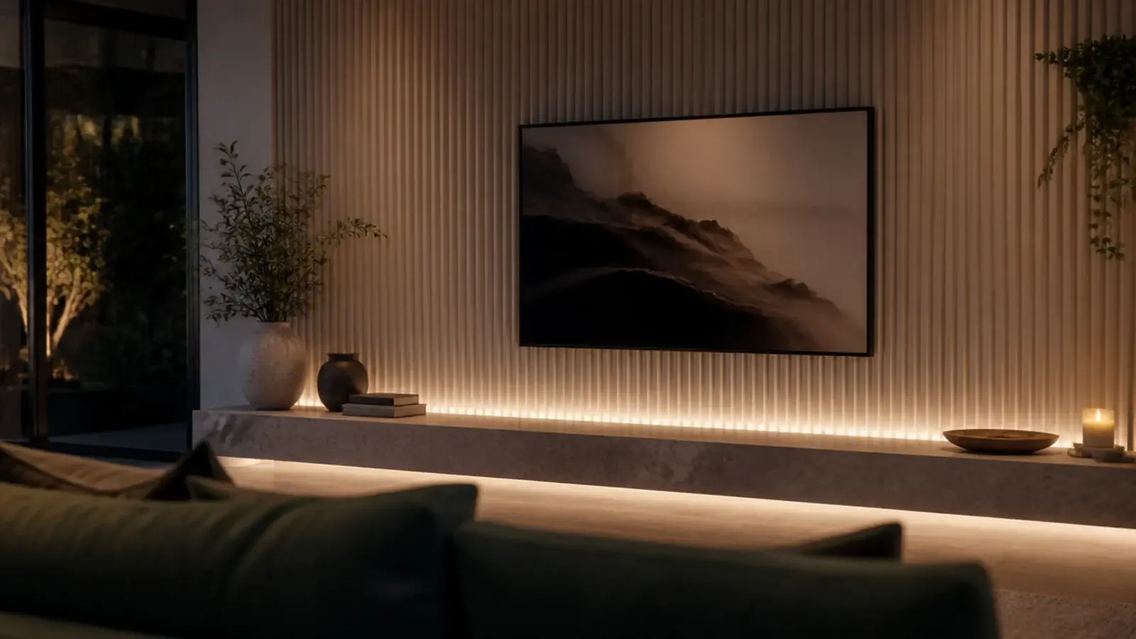 luxury tv wall in fluted painted mdf with a lit stone ledge beneath
