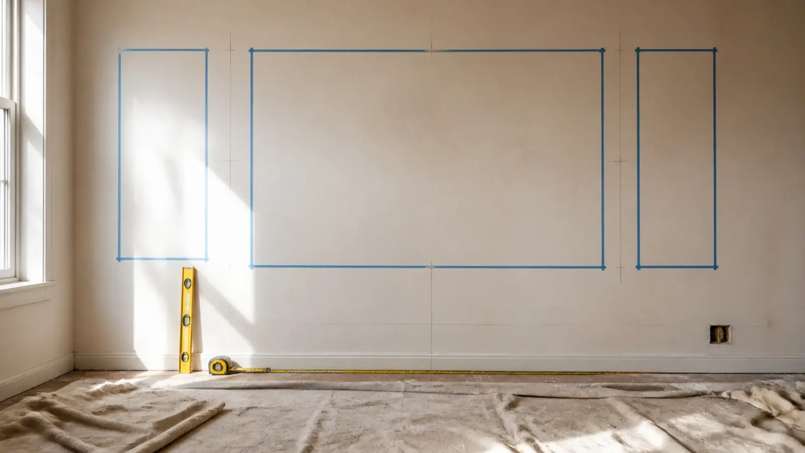 tv wall ideas mapped out with tape studs and pencil marks before drilling