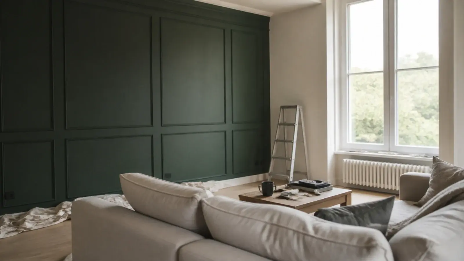 living room wall design taking shape with panelling and a fresh colour