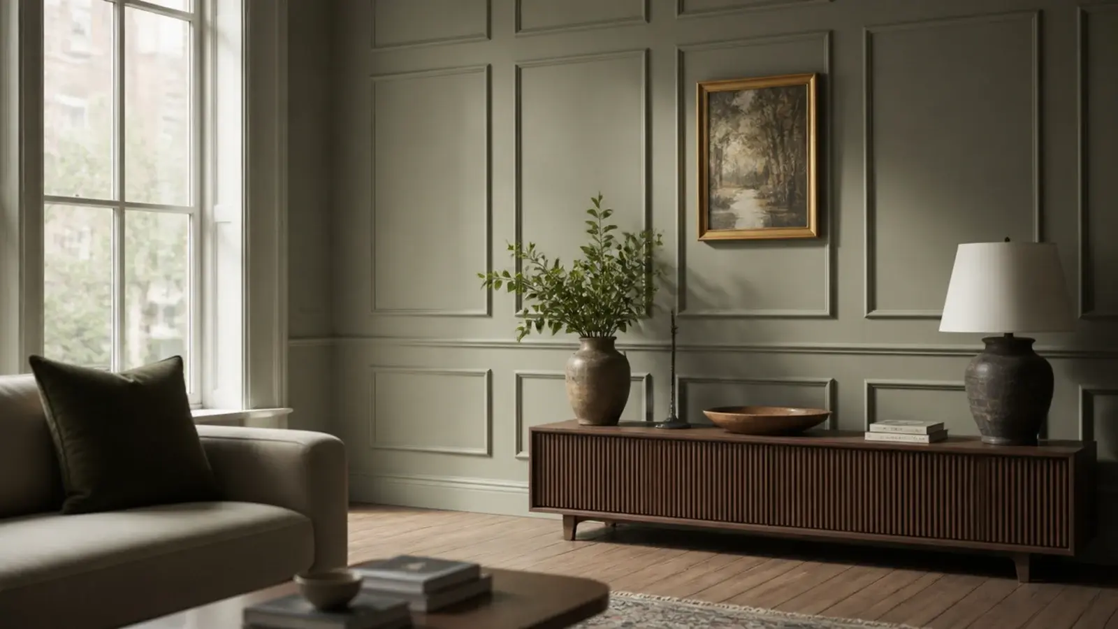 wall molding design in painted boxes across a soft green living room