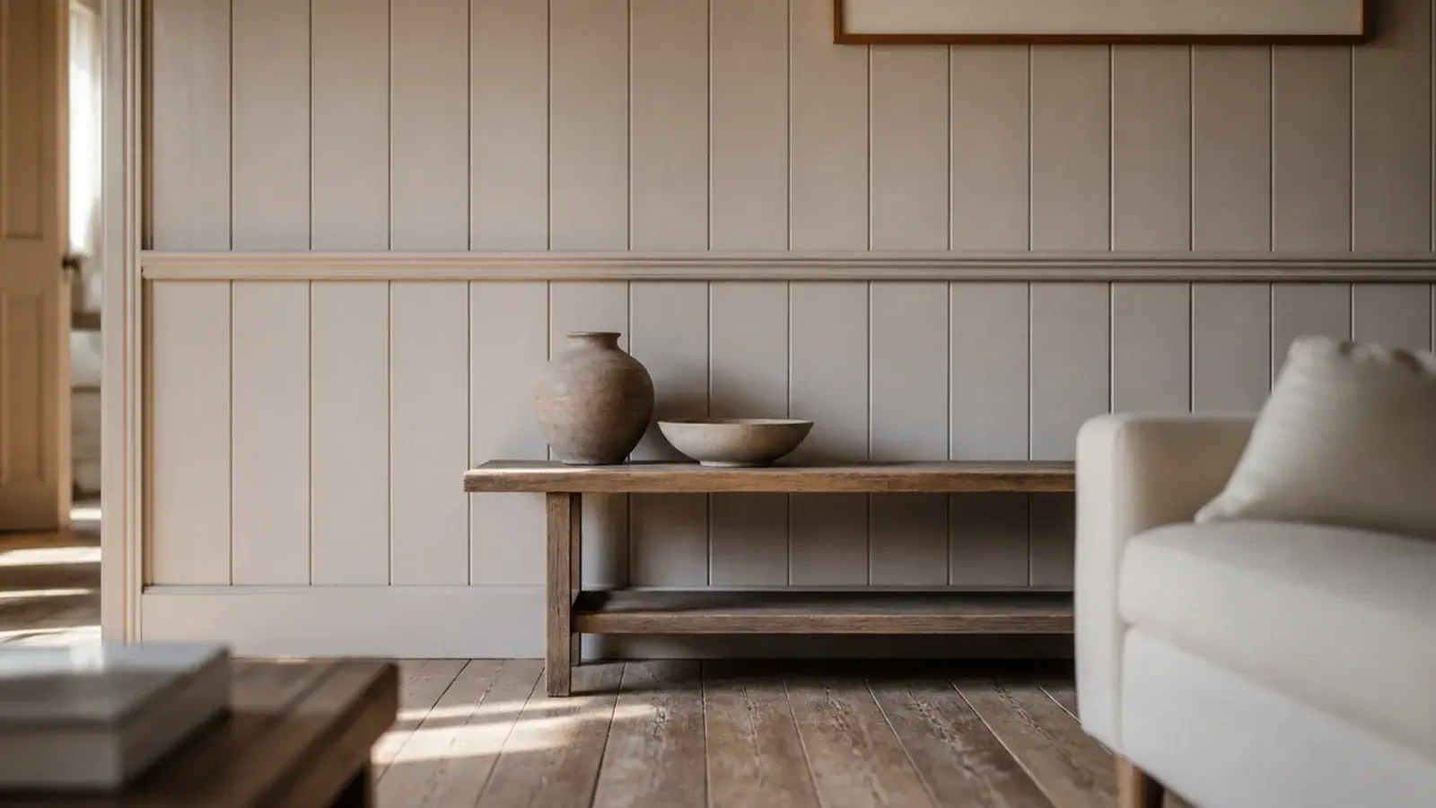 renter friendly wall panel design in painted battens across a living room