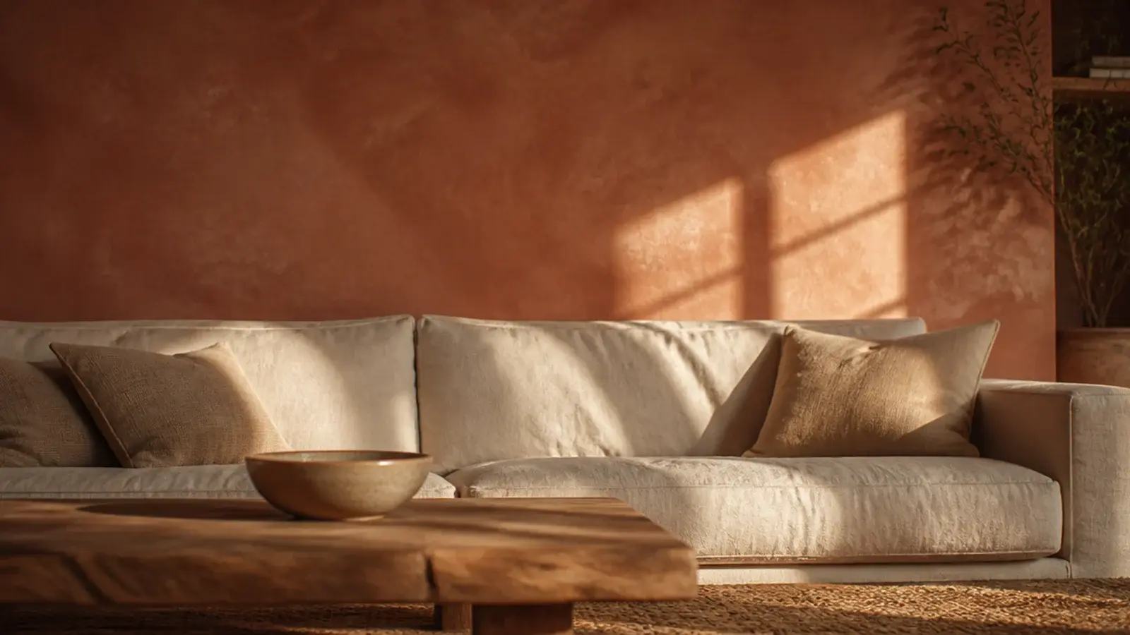 limewashed wall texture design in warm clay behind a low linen sofa