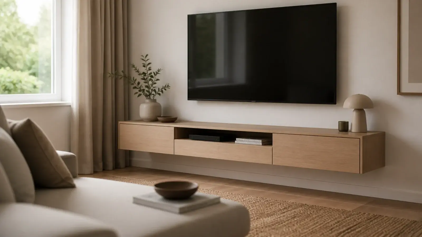 shallow wall tv unit design in pale oak mounted clear of the floor