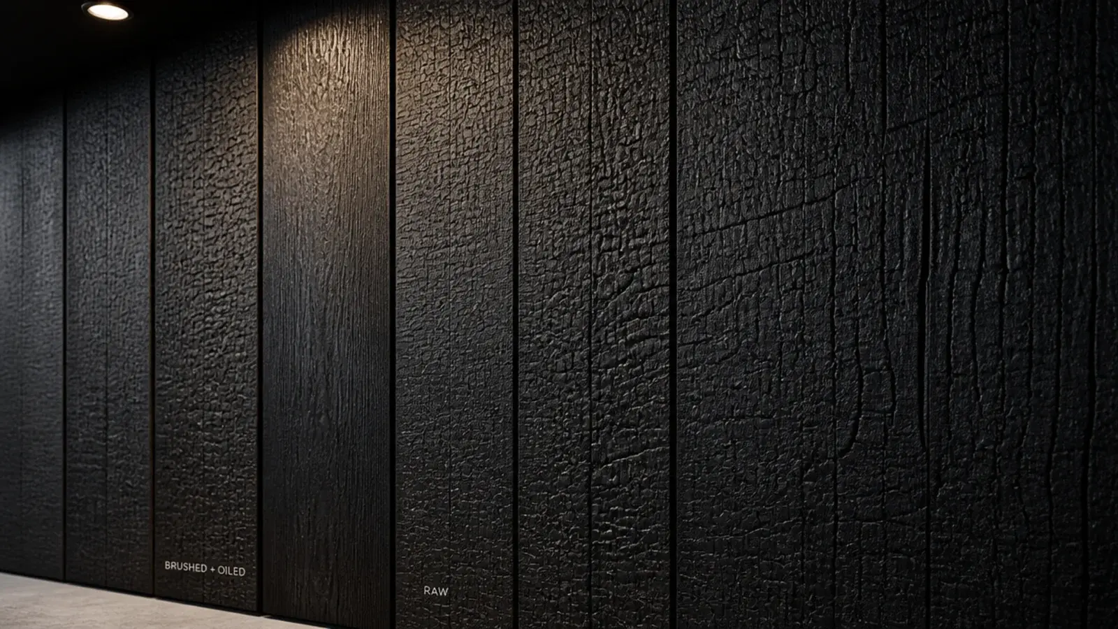 charred cedar boards in matt black showing fine alligator surface texture