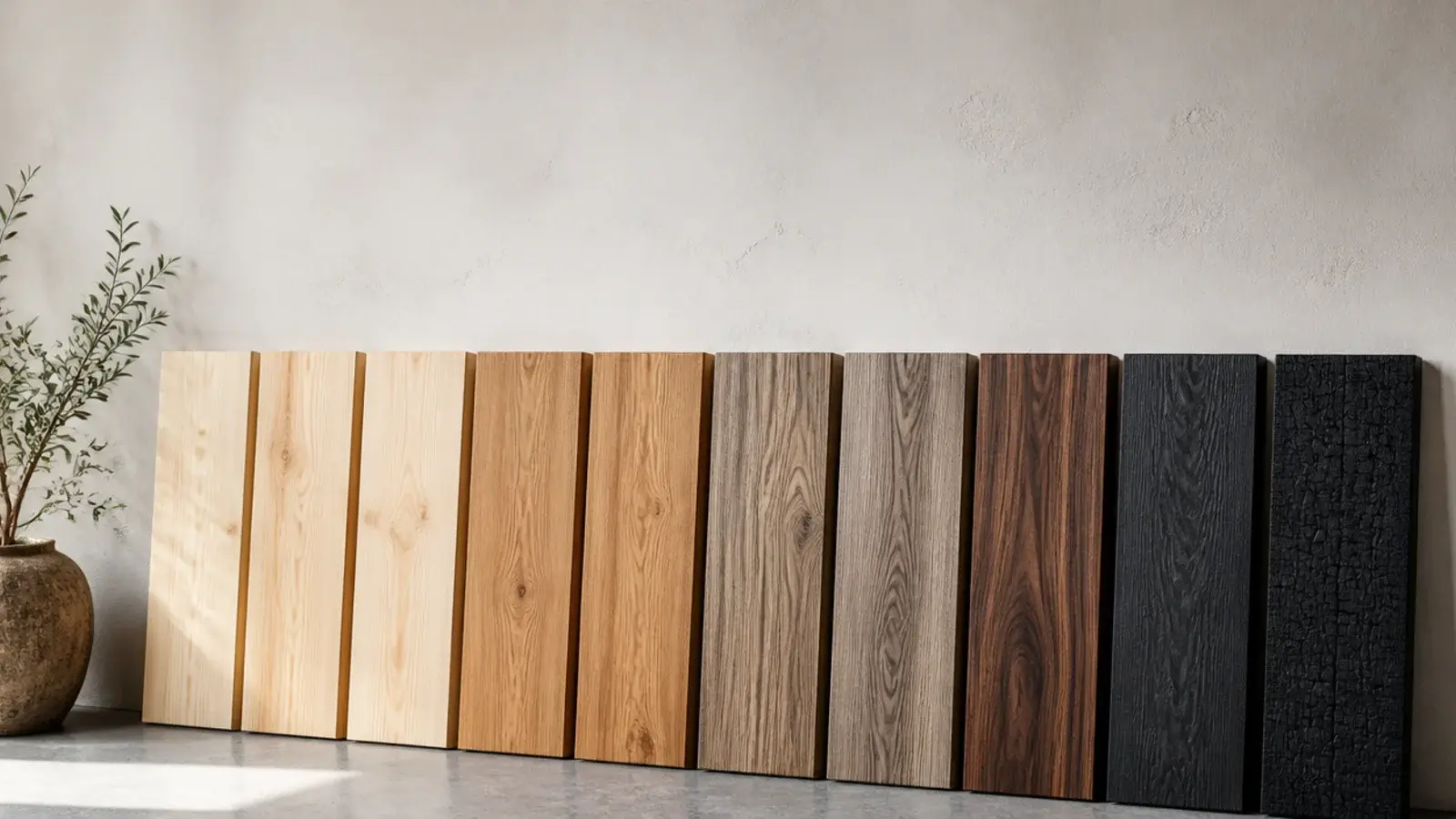 tall photo comparing wood wall design finishes from pine to walnut