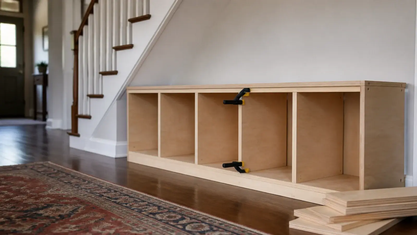 plywood boot bench with cubbies being assembled under a staircase