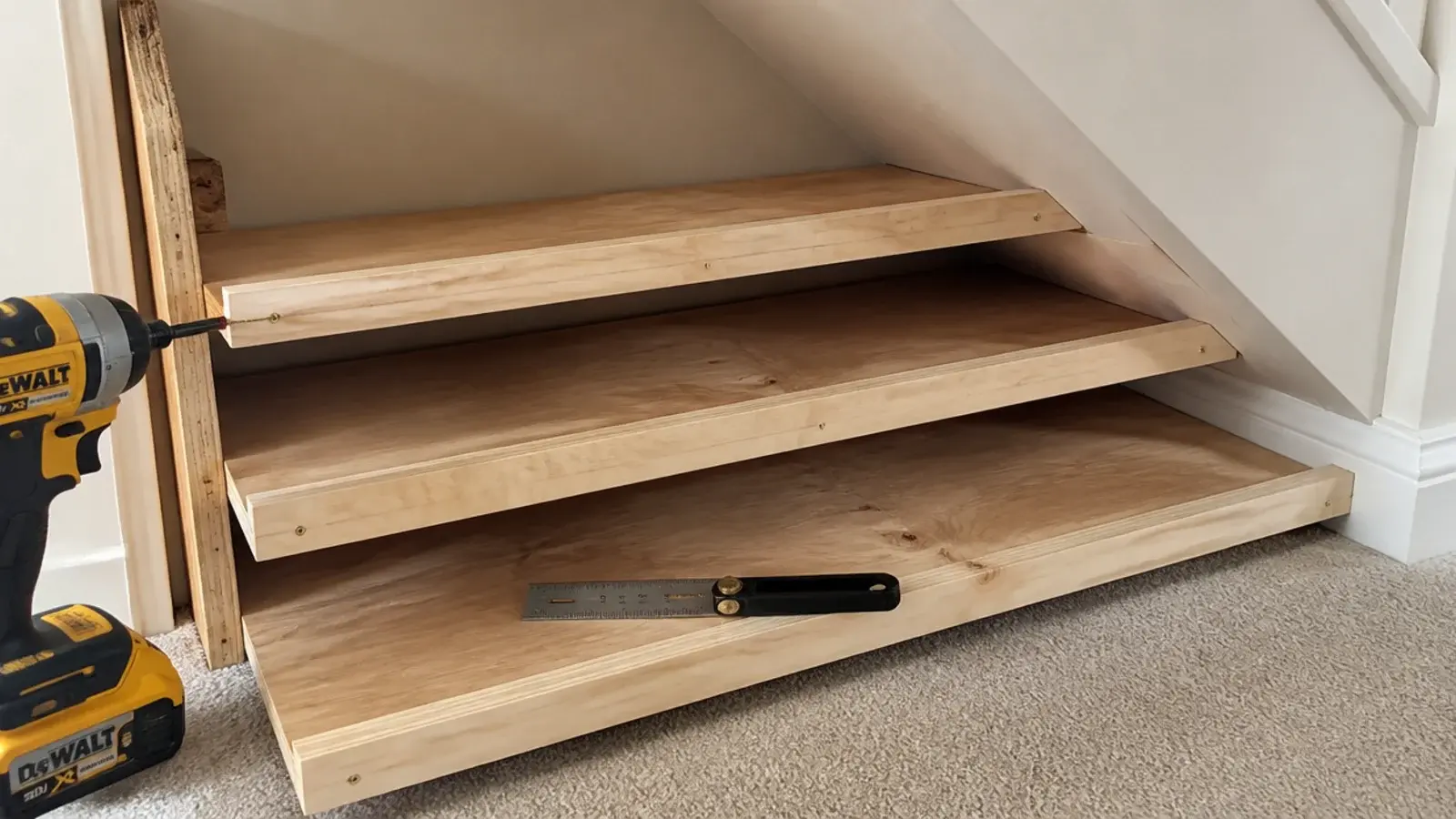 tilted plywood shoe tiers being fitted where a stair soffit drops