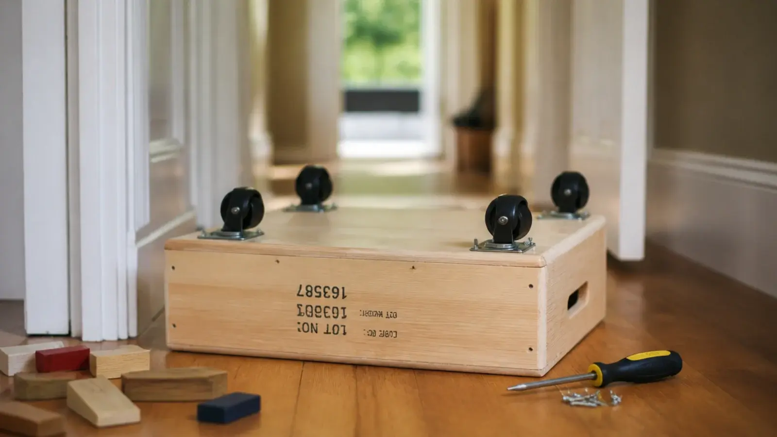 shallow timber toy crate on castors part built in a hallway