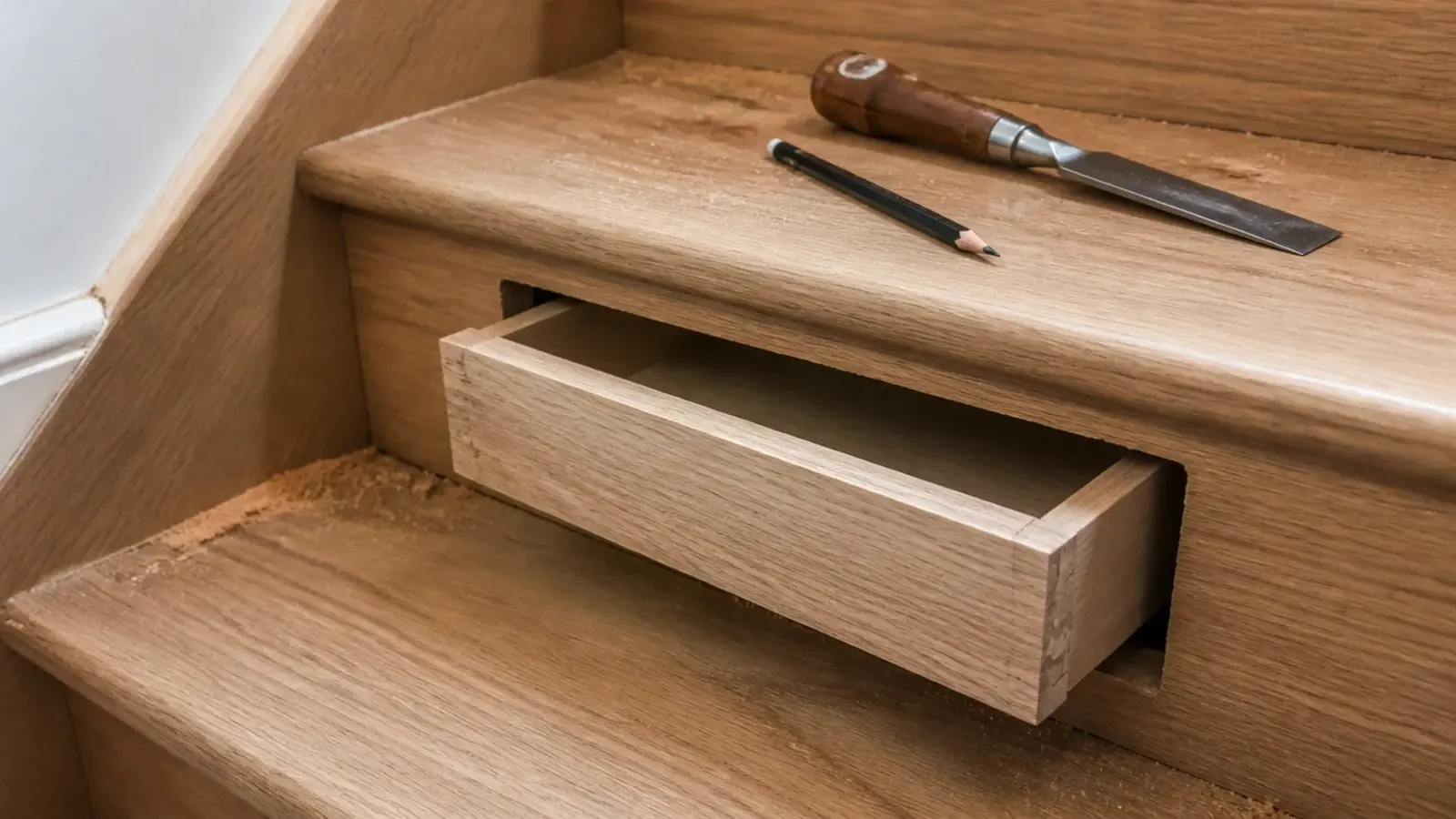 shallow drawer box test fitted into a single timber stair riser