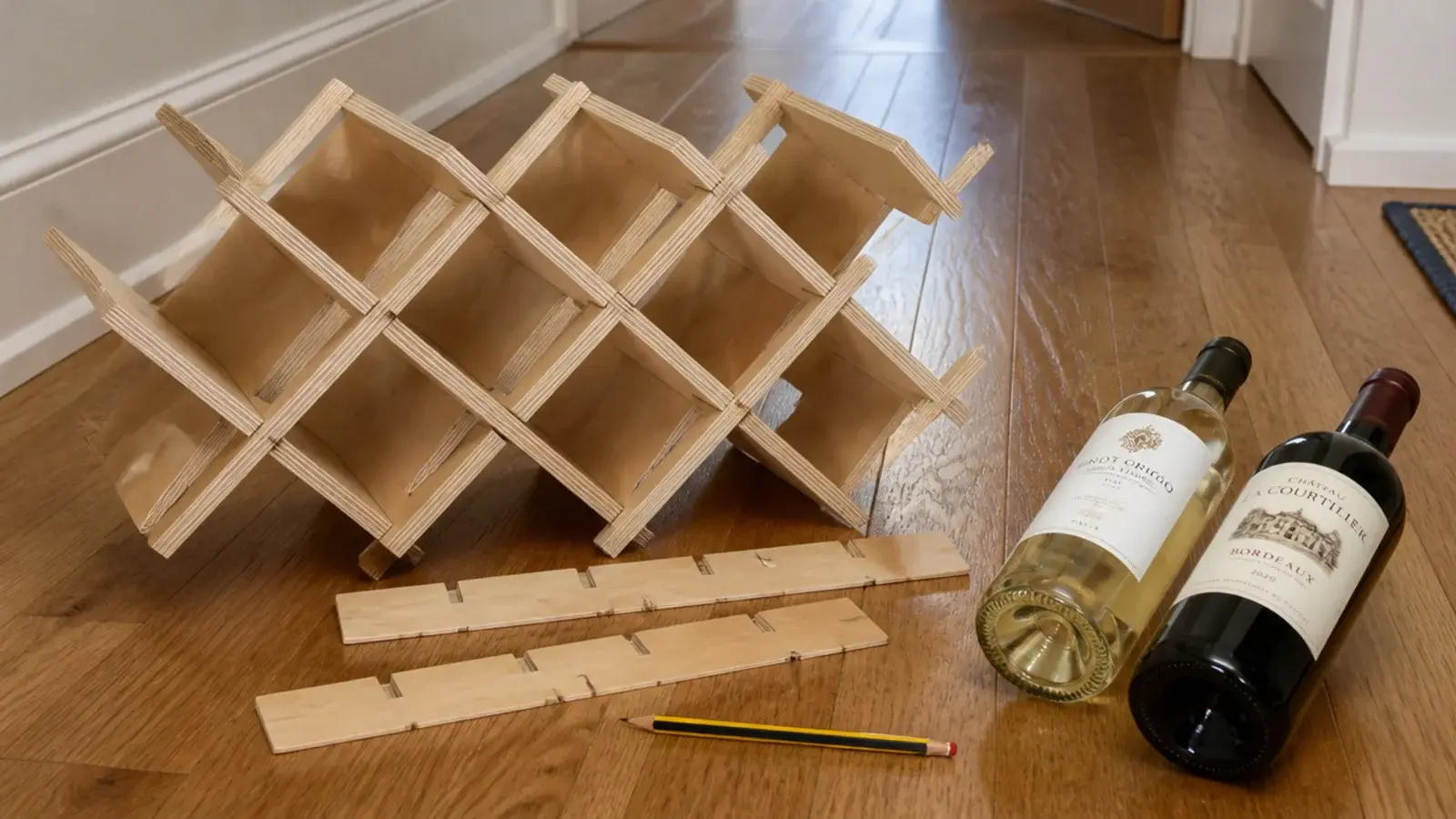 plywood lattice wine rack part assembled on a hallway floor