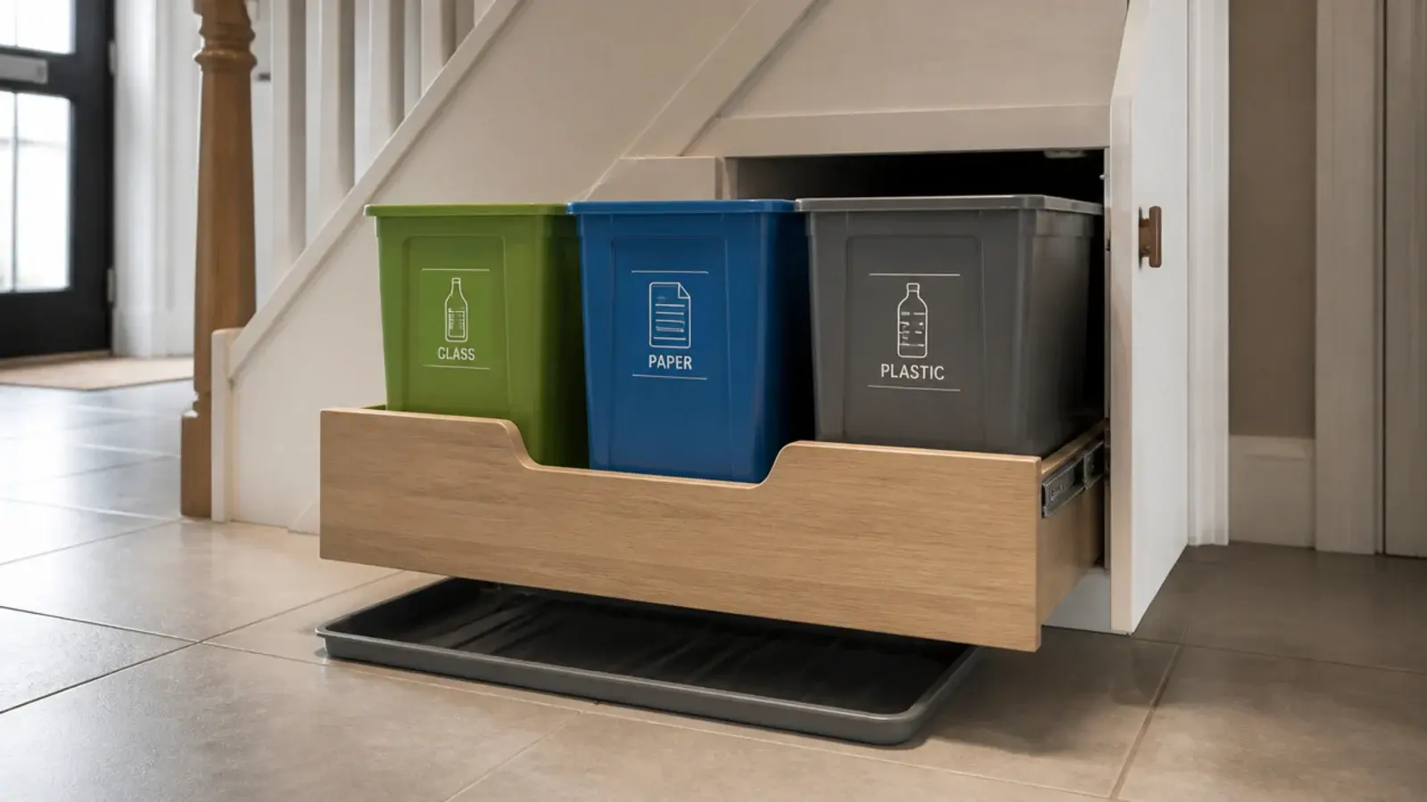 timber frame with three bins sliding out from an under stairs bay