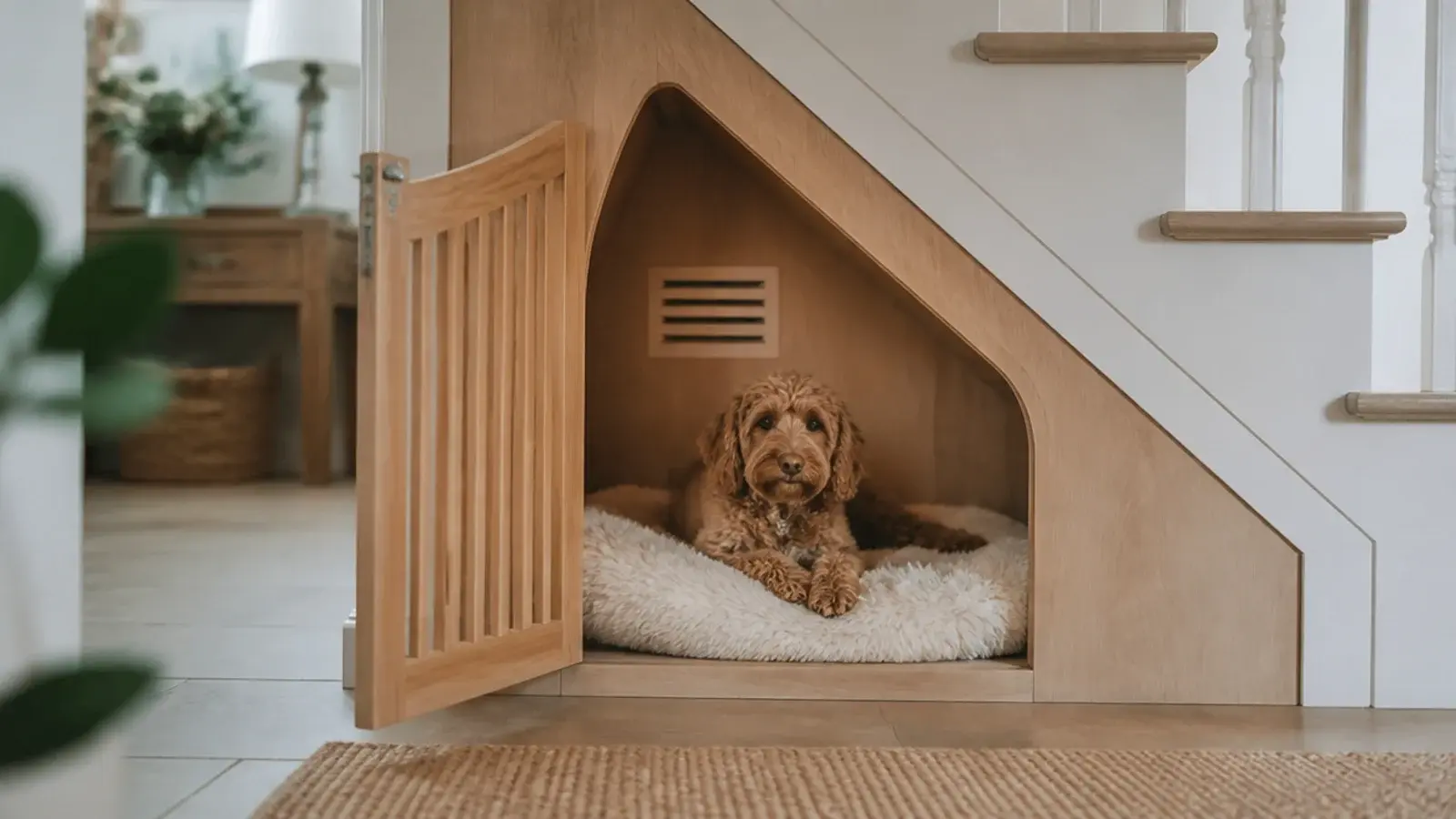 timber dog den with a slatted gate built into an under stairs run