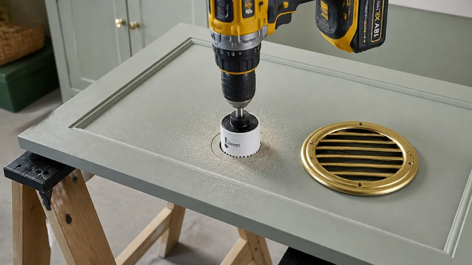 circular hole saw cutting a vent opening in a cupboard door