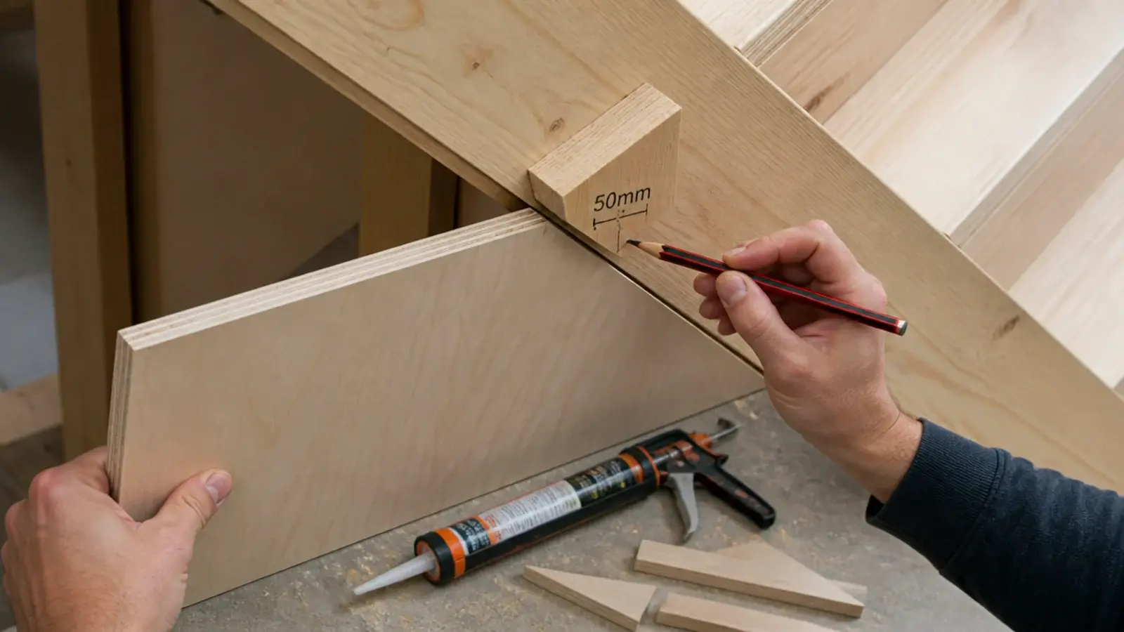 pencil scribing the slope of a stair soffit onto a plywood panel