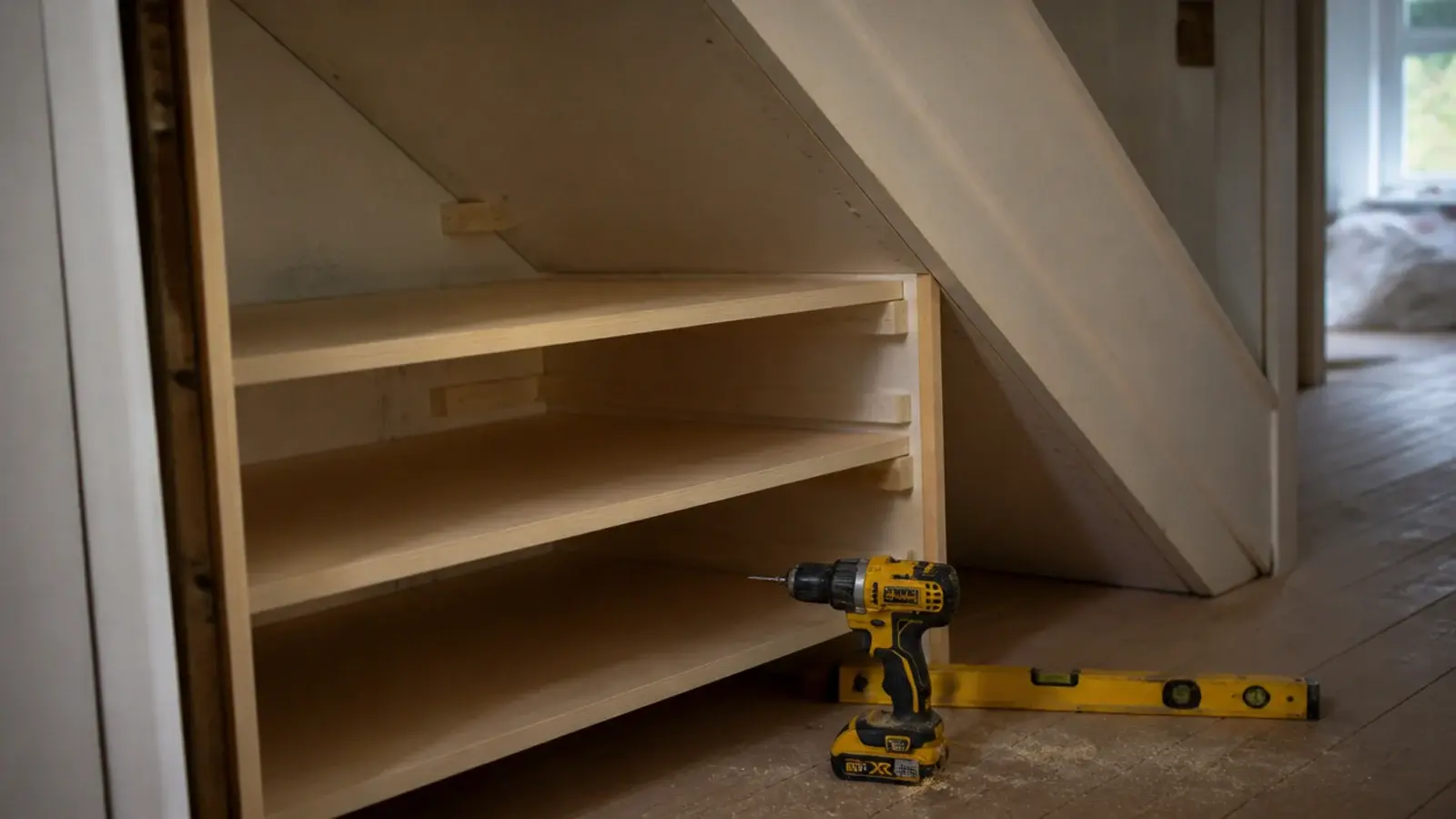 diy under stairs storage being built with plywood shelves and battens
