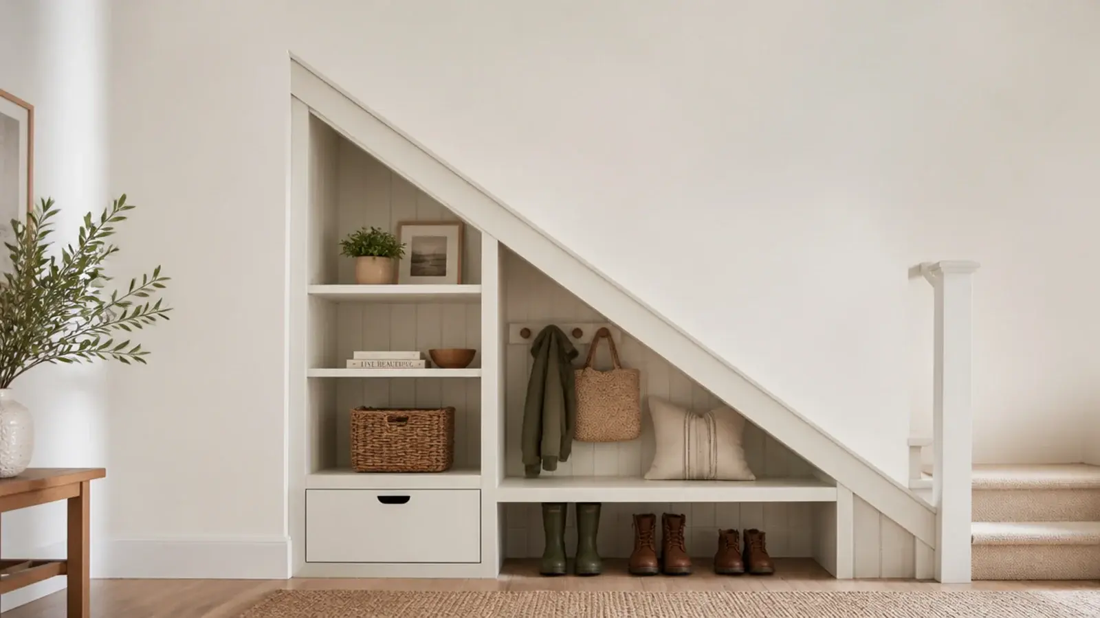 vertical view of diy under stairs storage with shelves drawer and bench