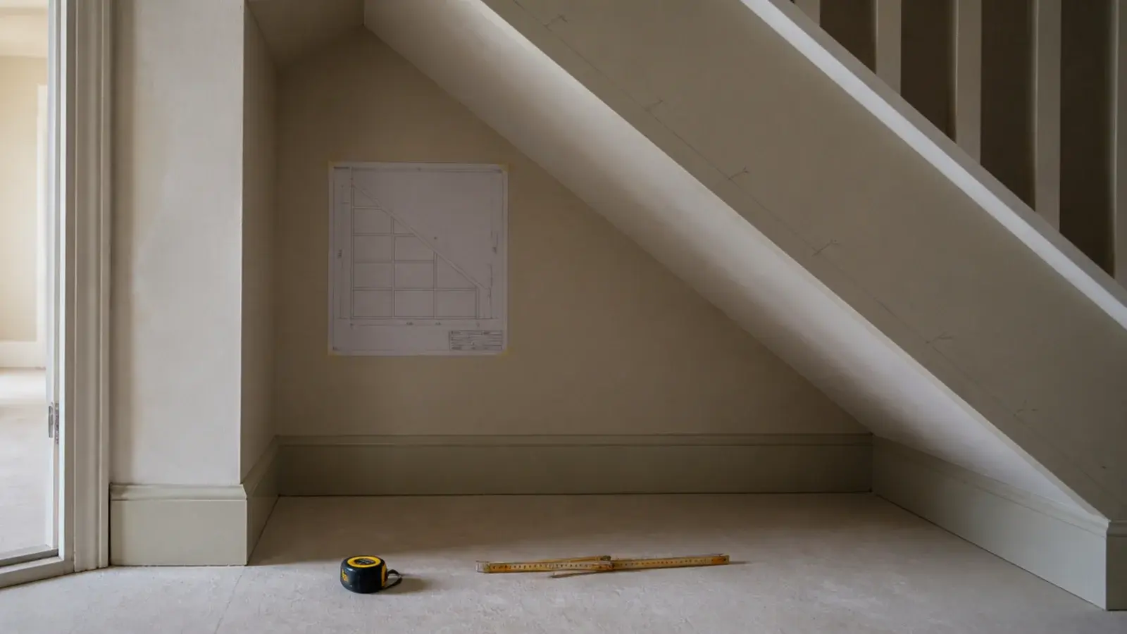 small under stairs storage being planned with drawings and a tape measure