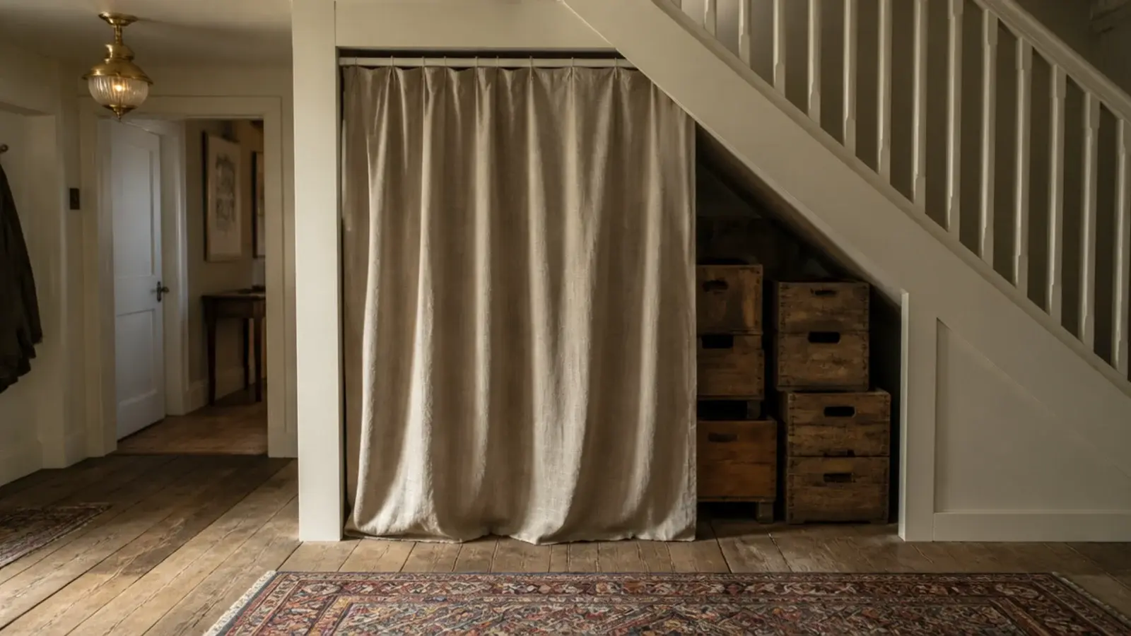 linen curtain half drawn across an open recess beneath a staircase