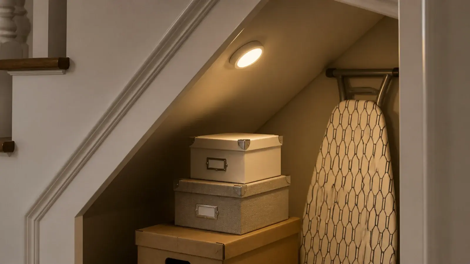 small battery motion light glowing on a stair soffit inside storage
