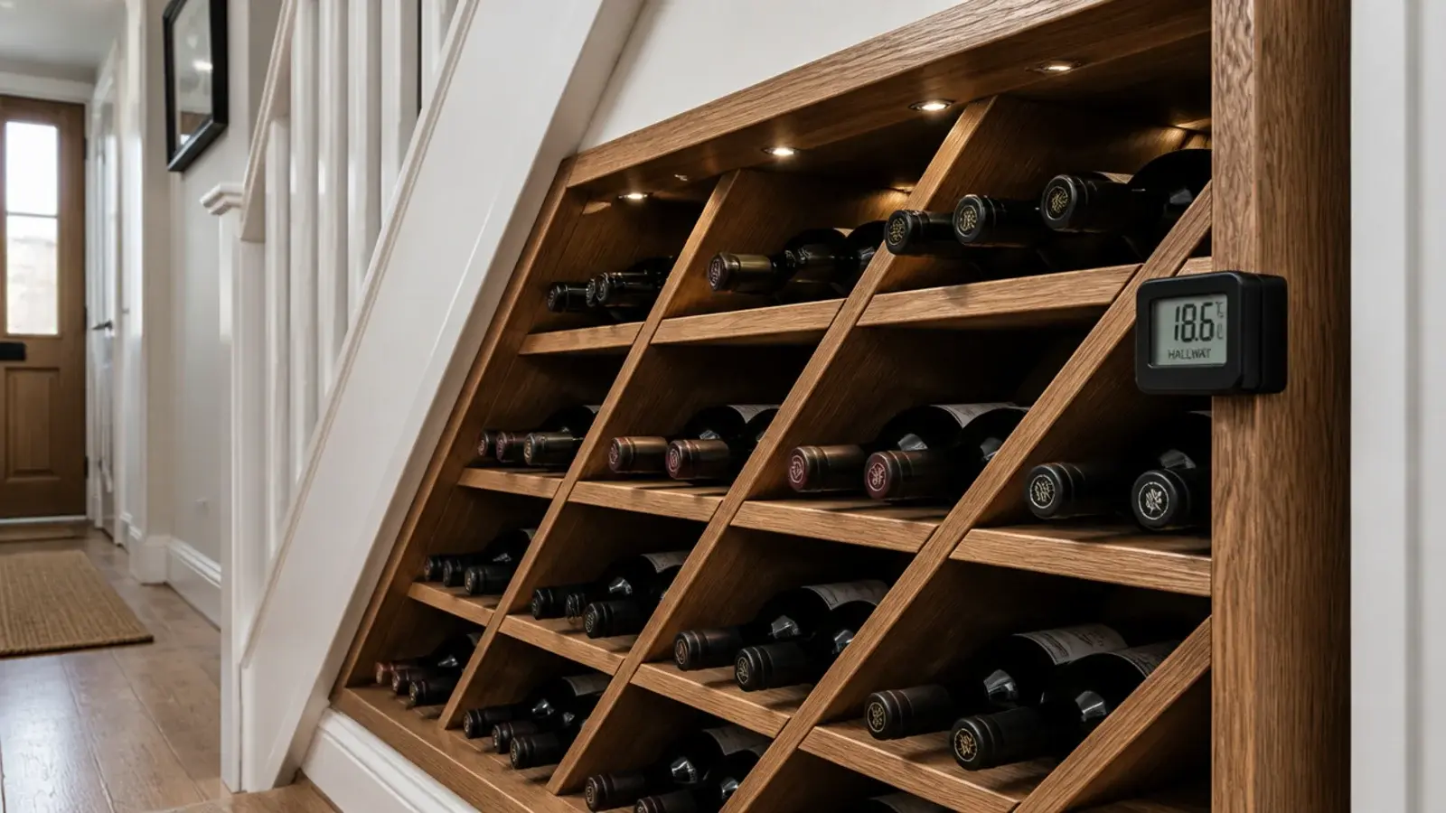 timber wine rack of bottles fitted beneath a hallway staircase