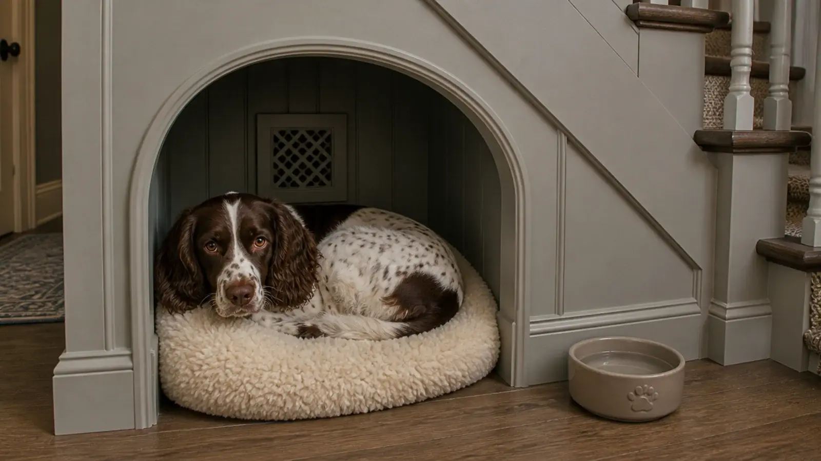 spaniel resting in an arched den built into an under stairs run