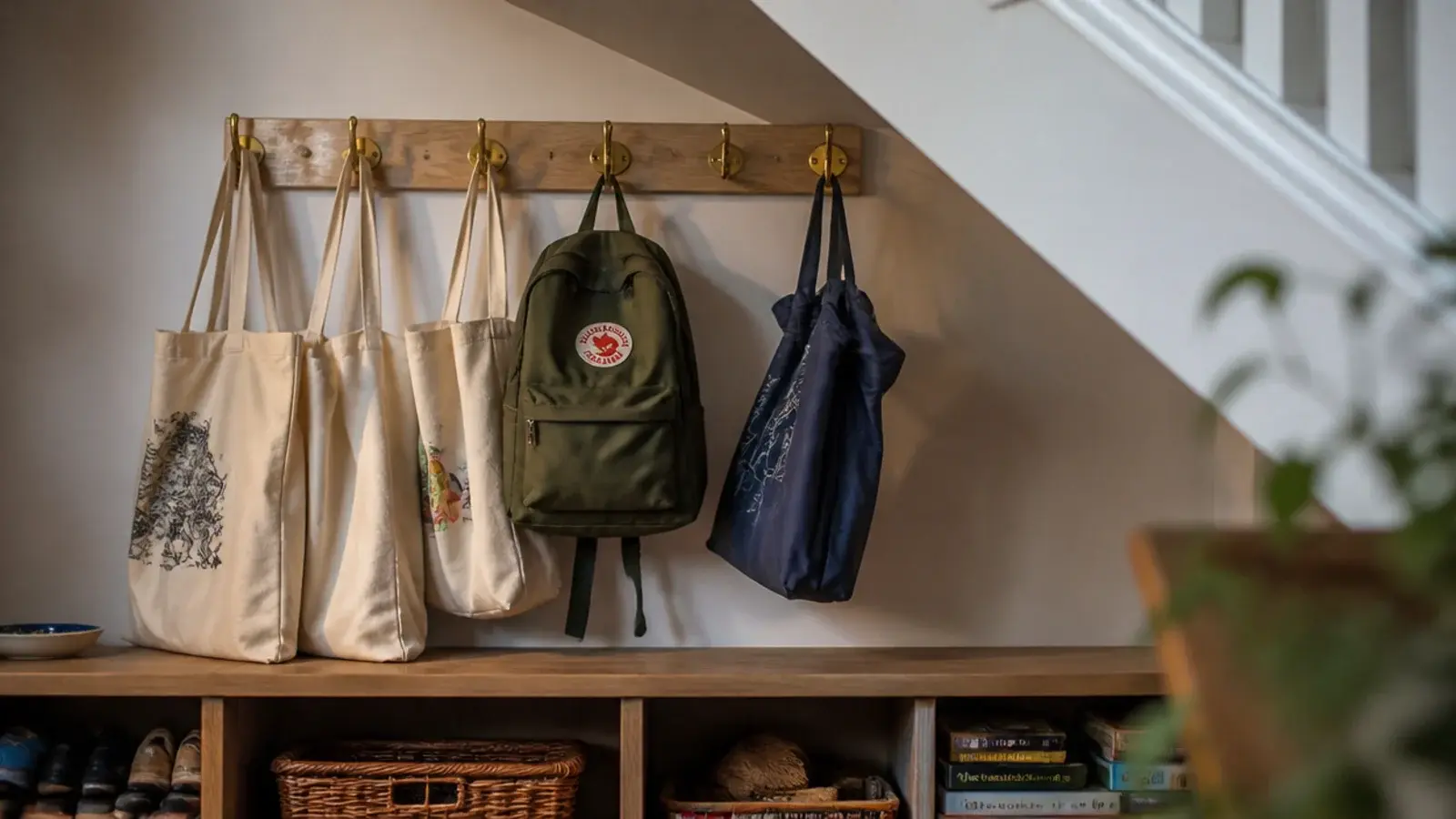canvas bags hanging from hooks screwed into a raking stair soffit