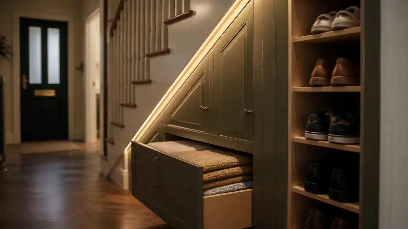 staircase storage under stairs with a pull-out drawer and painted cupboard