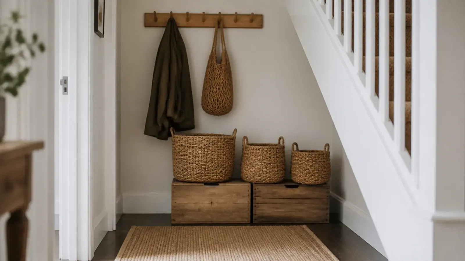 simple storage under stairs using woven baskets crates and a hanging rail
