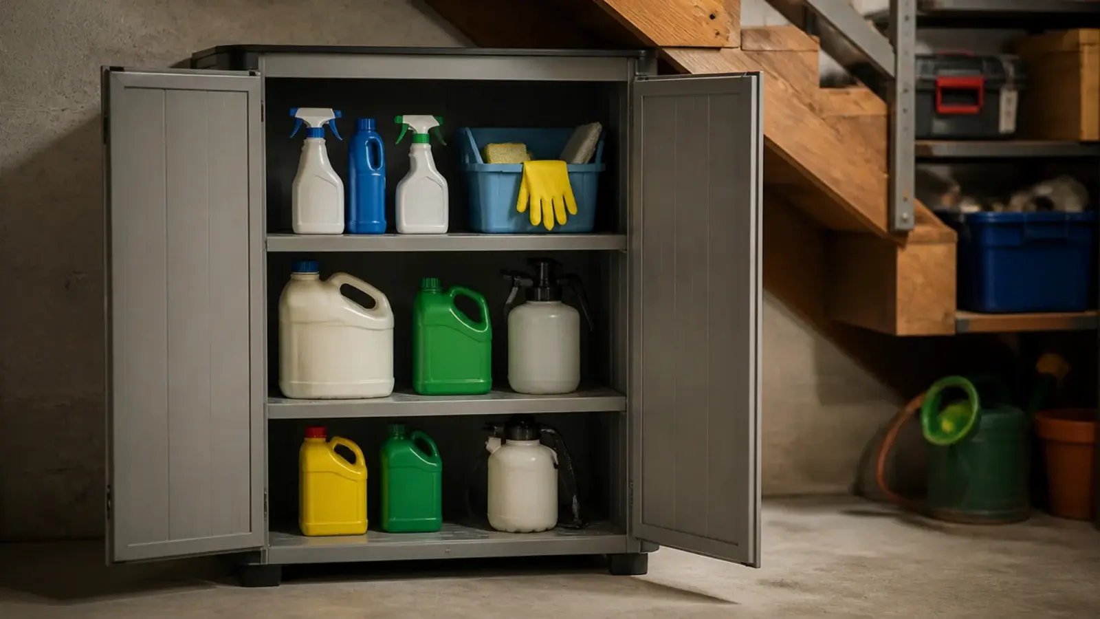 grey resin storage cabinet standing beneath basement stair treads