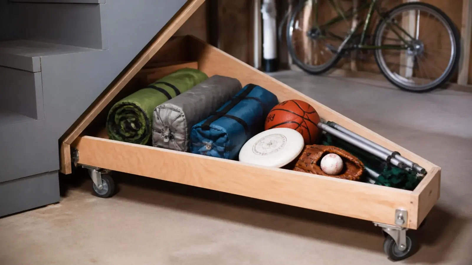 triangular rolling drawer unit pulled out from a basement staircase