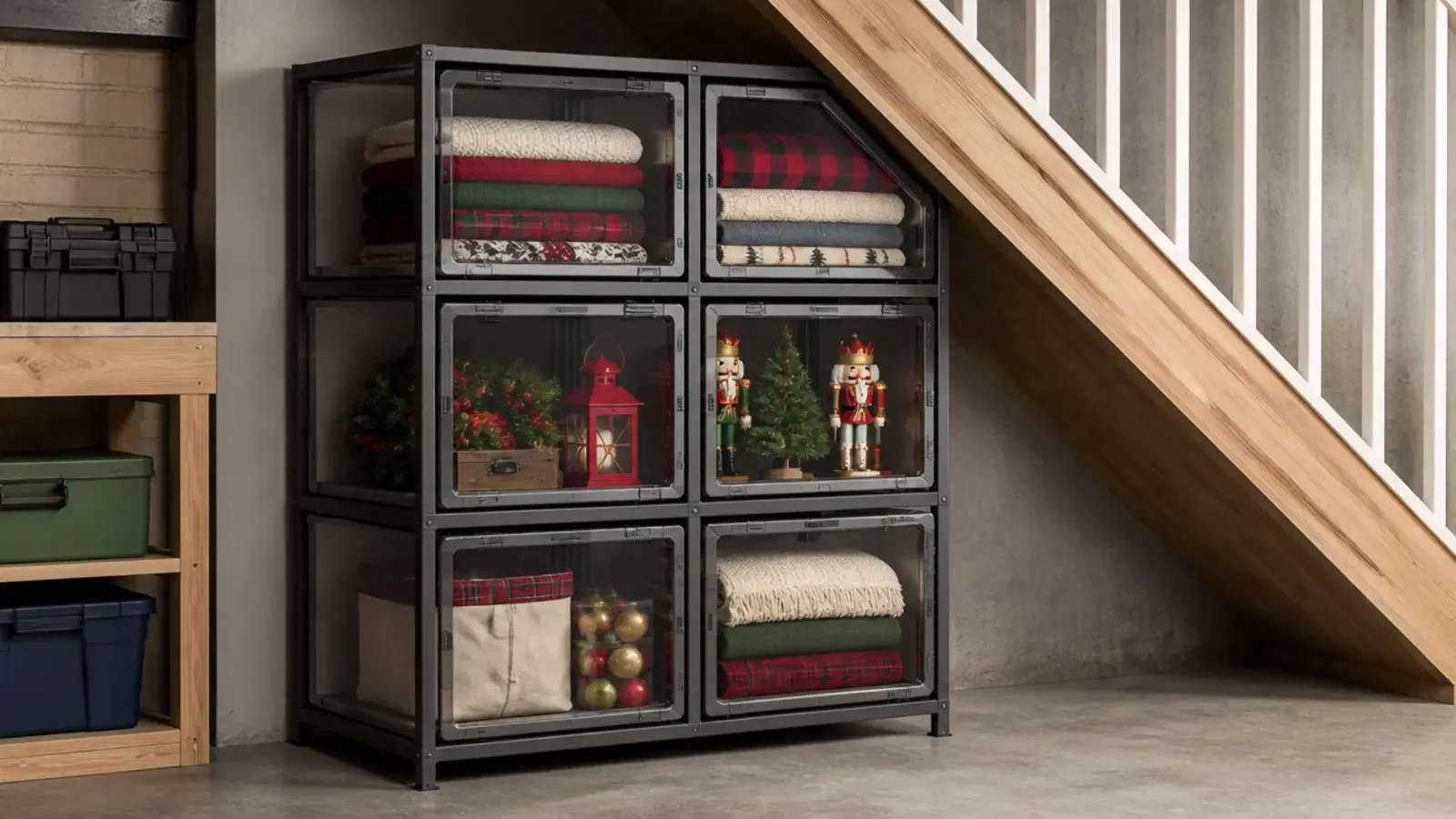 clear stacking bins in a steel frame under basement stair treads