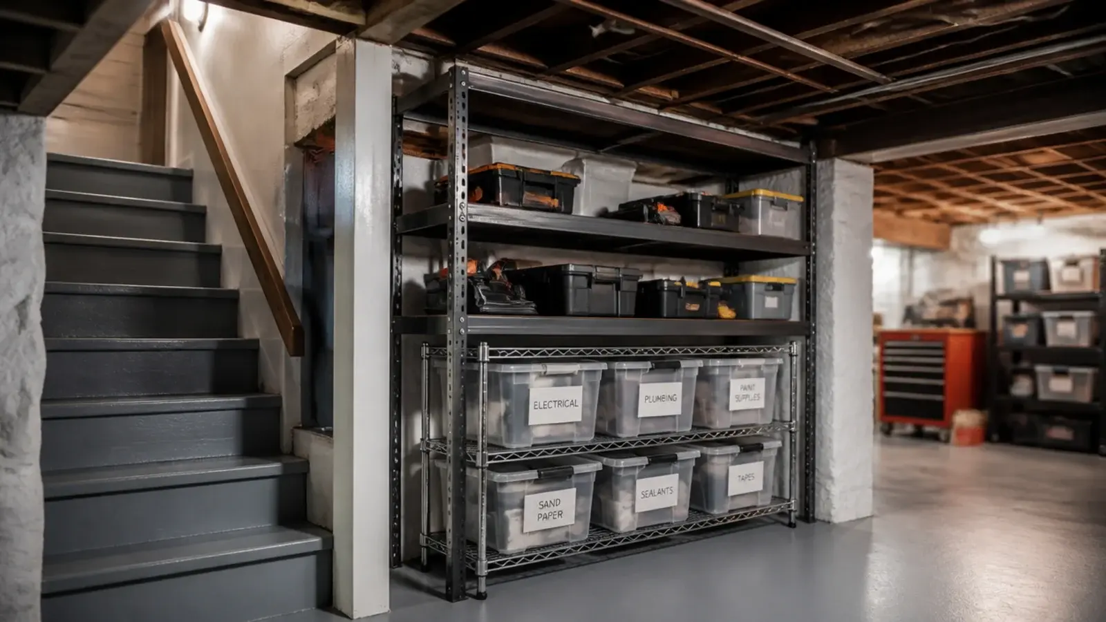 under basement stairs storage kits shown as steel and wire shelving units