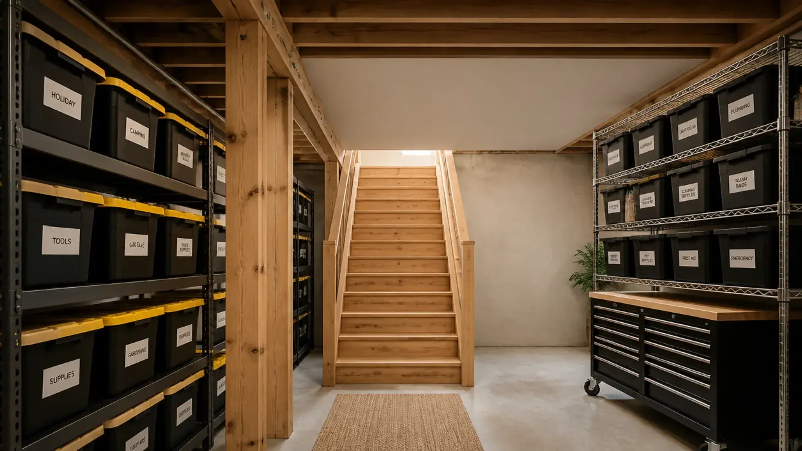 tall view of under basement stairs storage kits with shelving and bins