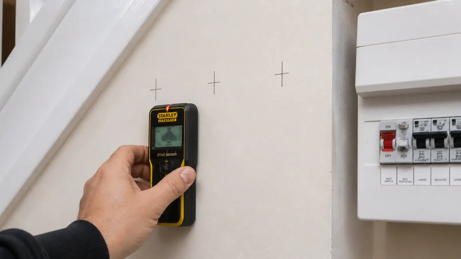 stud detector held against the side wall of a staircase recess