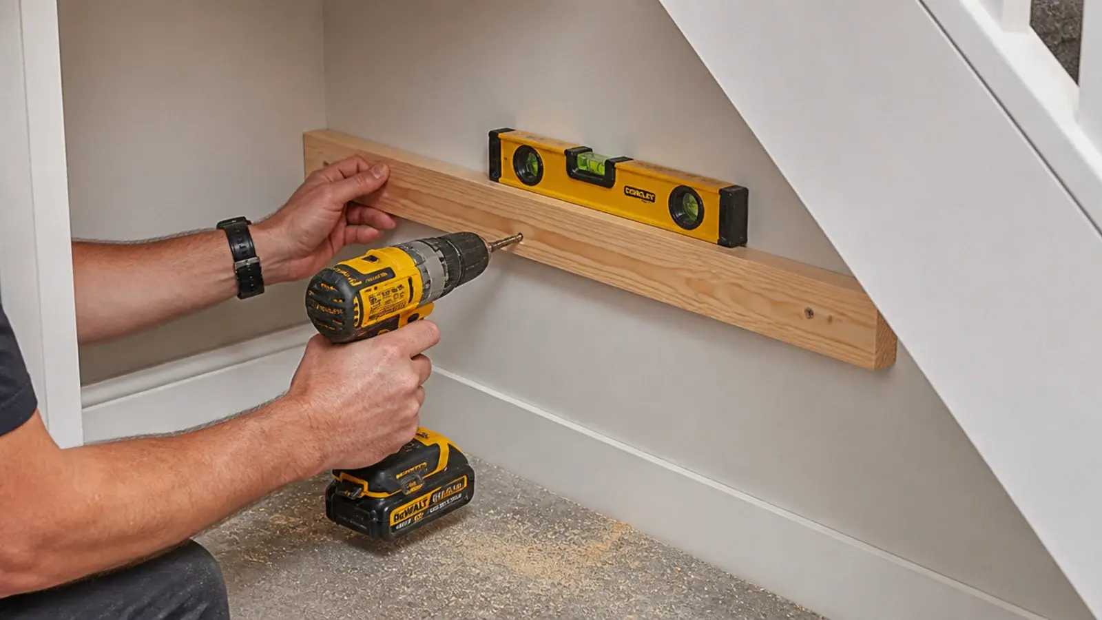 pine batten being screwed level to the side wall of a stair recess