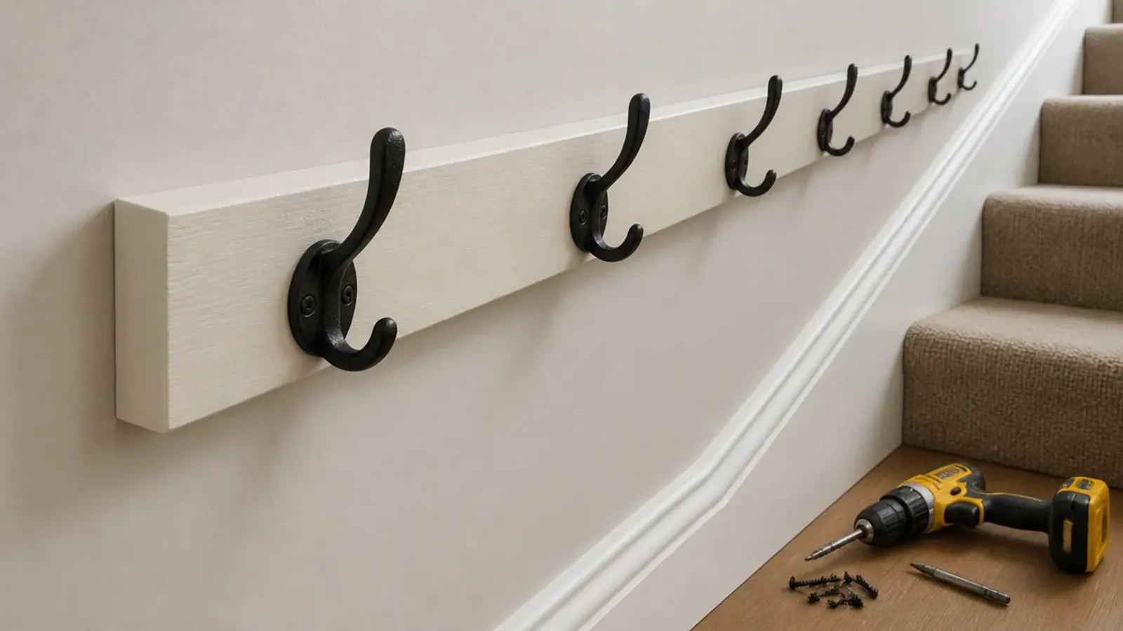 black iron hooks being screwed to a painted batten at adult height