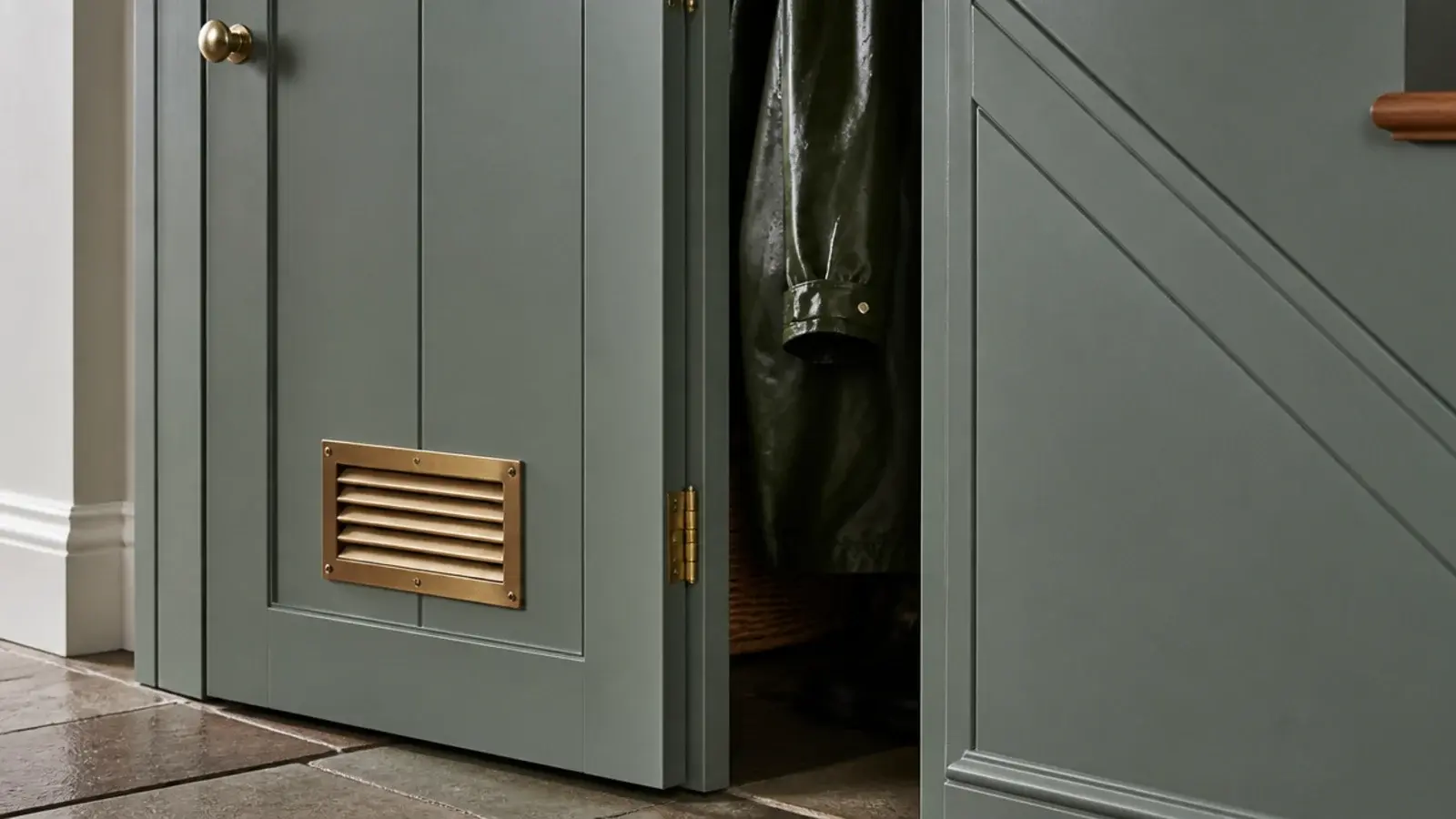 louvred vent grille set into the lower panel of a cupboard door