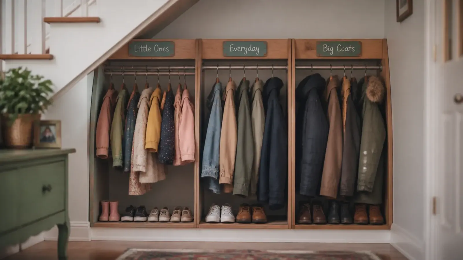 coat rail divided into labelled zones for different family members