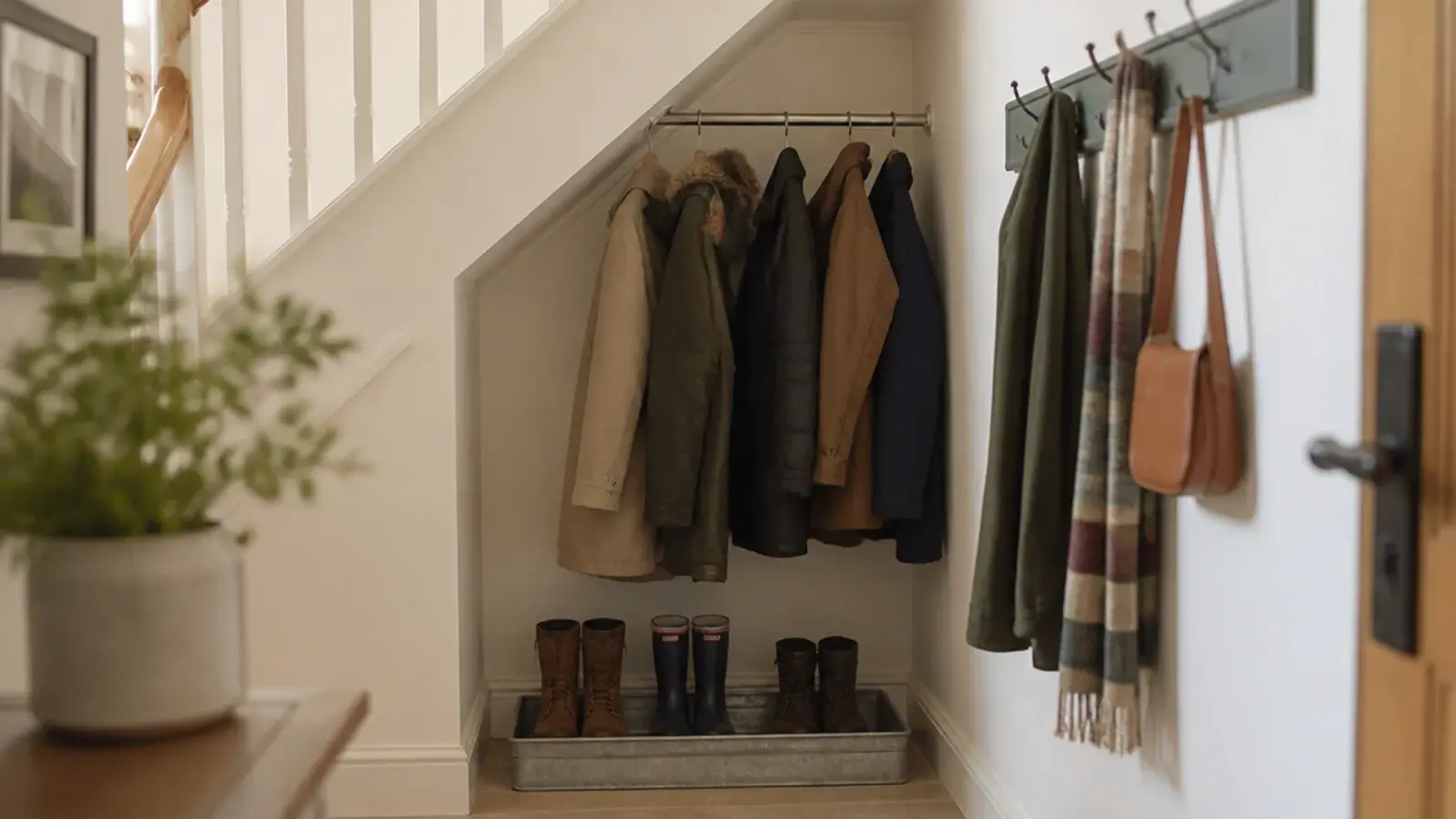 under stairs coat storage with a hanging rail hooks and a boot tray