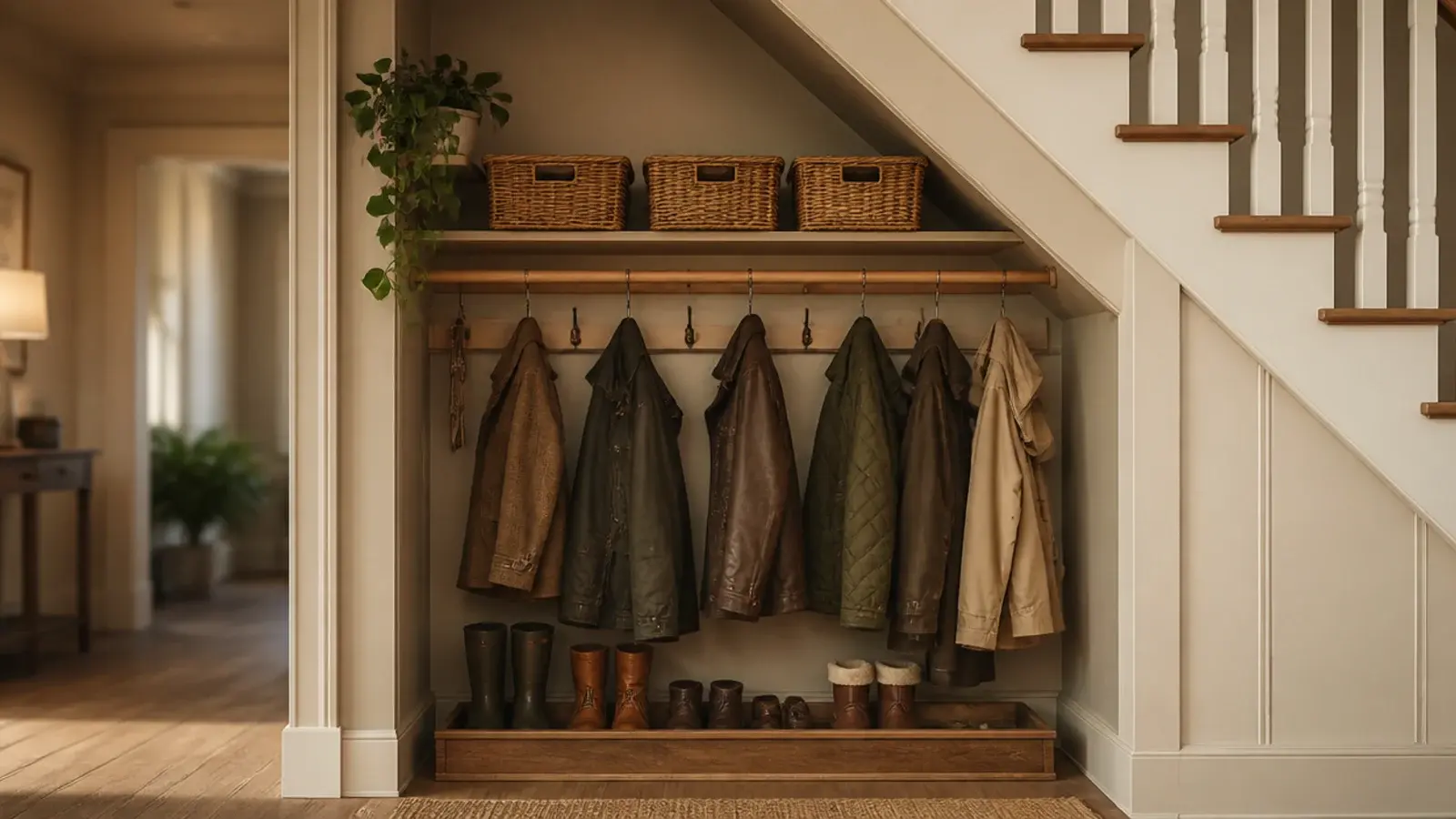 tall view of under stairs coat storage with rail hooks shelf and tray