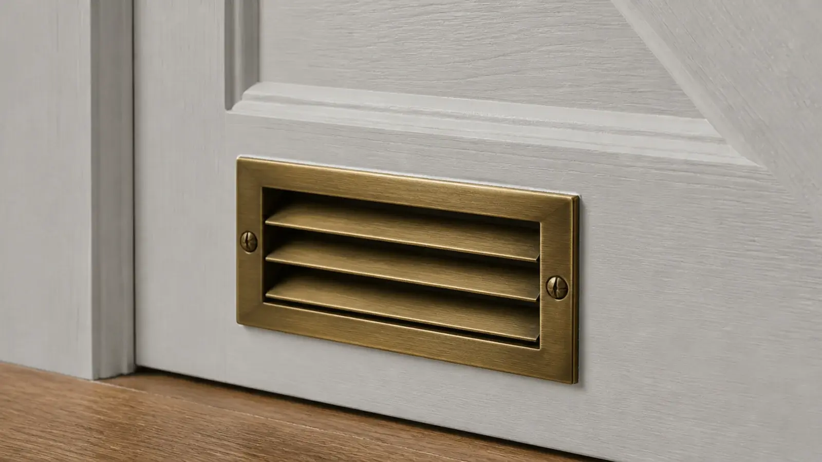 brass vent grille set into the lower rail of a cupboard door